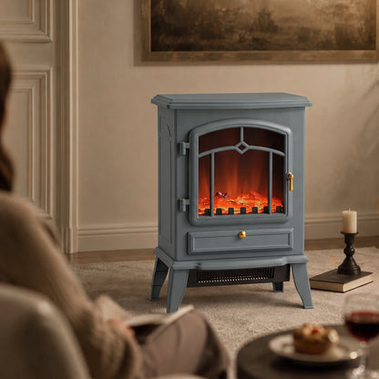 Grey Electric Fireplace Stove | 1000W/2000W Freestanding Heater | Dimmable LED Log Flame | 10–35°C Thermostat | Gold-Tone Handle