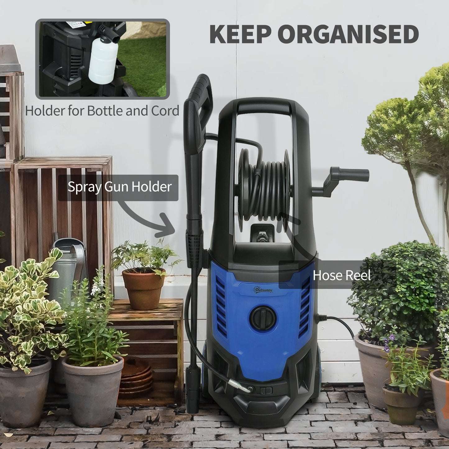 Outsunny 2200W High Pressure Washer, 170 Bar Pressure Washer with Adjustable Nozzle and 6M Hose, 32W x 32D x 80H cm Blue