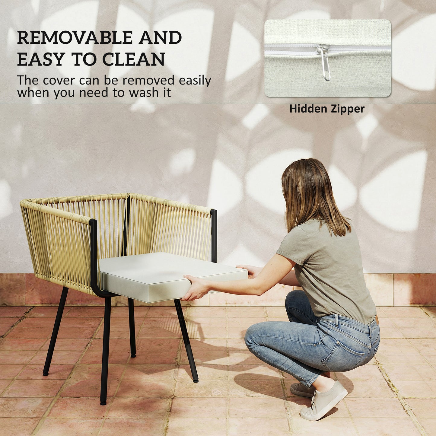 5-Piece Rattan Garden Dining Set | PS Wood-Plastic Table 110x110cm | 4 PE Rattan Armchairs | Thick Cushions | Zip Covers | Powder-Coated Metal Frame | Adjustable Feet | 120kg Chair Capacity | Beige