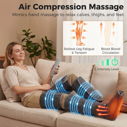 Air Compression Leg Massager with Heat | 6 Airbags | 360° Full-Leg Coverage | 3 Modes | 3 Intensities | Grey
