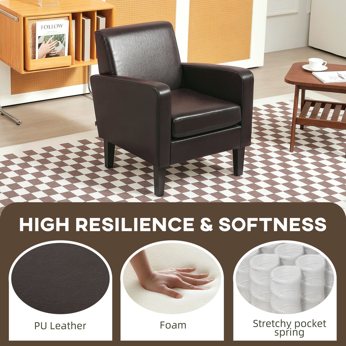 Modern Armchair with Rubber Wood Legs, Upholstered Accent Chair, Single Sofa for Living Room, Bedroom, Brown