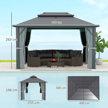 3 x 4m Hardtop Gazebo Canopy with UPF30+ Double Polycarbonate Roof, Aluminium Frame Garden Gazebo Permanent Pavilion, Grey