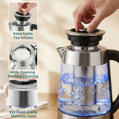 1.7L Glass Electric Kettle | 3000W Strix Controller | 5 Temperature Presets 60-100°C | 2hr Keep-Warm | Built-In Tea Infuser | LCD Display | Stainless Steel Base | 70cm Cable | Silver