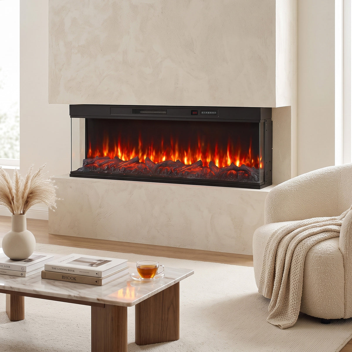 153cm Electric Fireplace Insert | 3-Sided Panoramic Log Effect | 900/1800W, 12 Colours, Remote & Weekly Timer | Black
