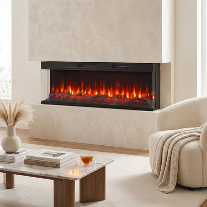153cm Electric Fireplace Insert | 3-Sided Panoramic Log Effect | 900/1800W, 12 Colours, Remote & Weekly Timer | Black