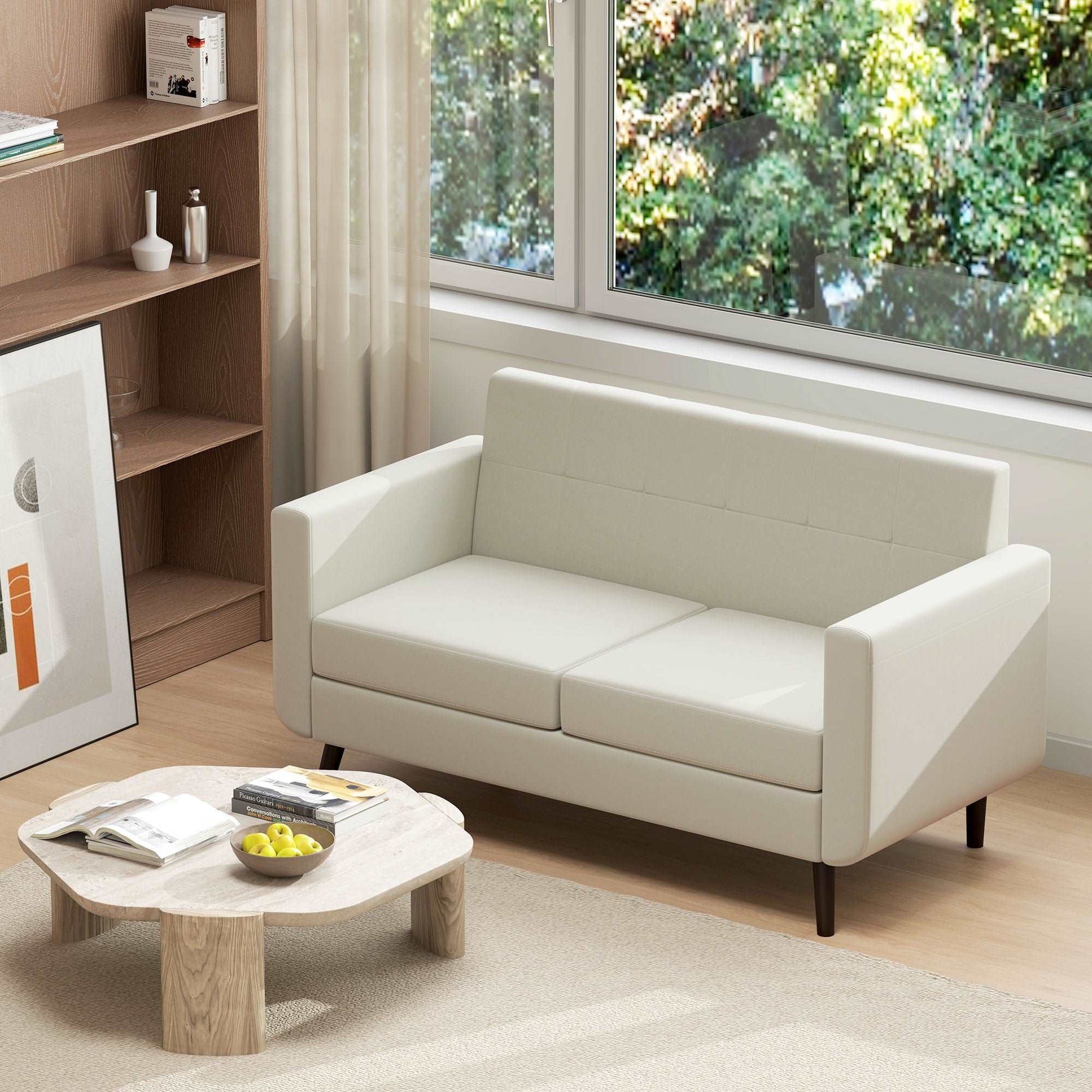 2 Seater Sofa, Modern Tufted Fabric Couch, Upholstered Loveseat, Wood Legs for Small Space, Living Room, Bedroom, Office, Cream White
