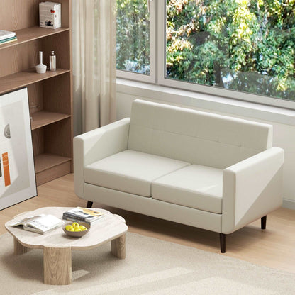 2 Seater Sofa, Modern Tufted Fabric Couch, Upholstered Loveseat, Wood Legs for Small Space, Living Room, Bedroom, Office, Cream White