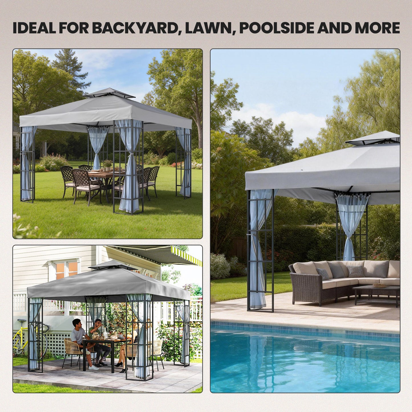 3x3m Permanent Garden Gazebo | 2-Tier Vented Polyester Roof | PA Coating Sun Protection | Removable Mosquito Netting | Solid Steel Frame | 8 Ground Stakes | 297x297x270cm | Eave Height 195cm | Light Grey