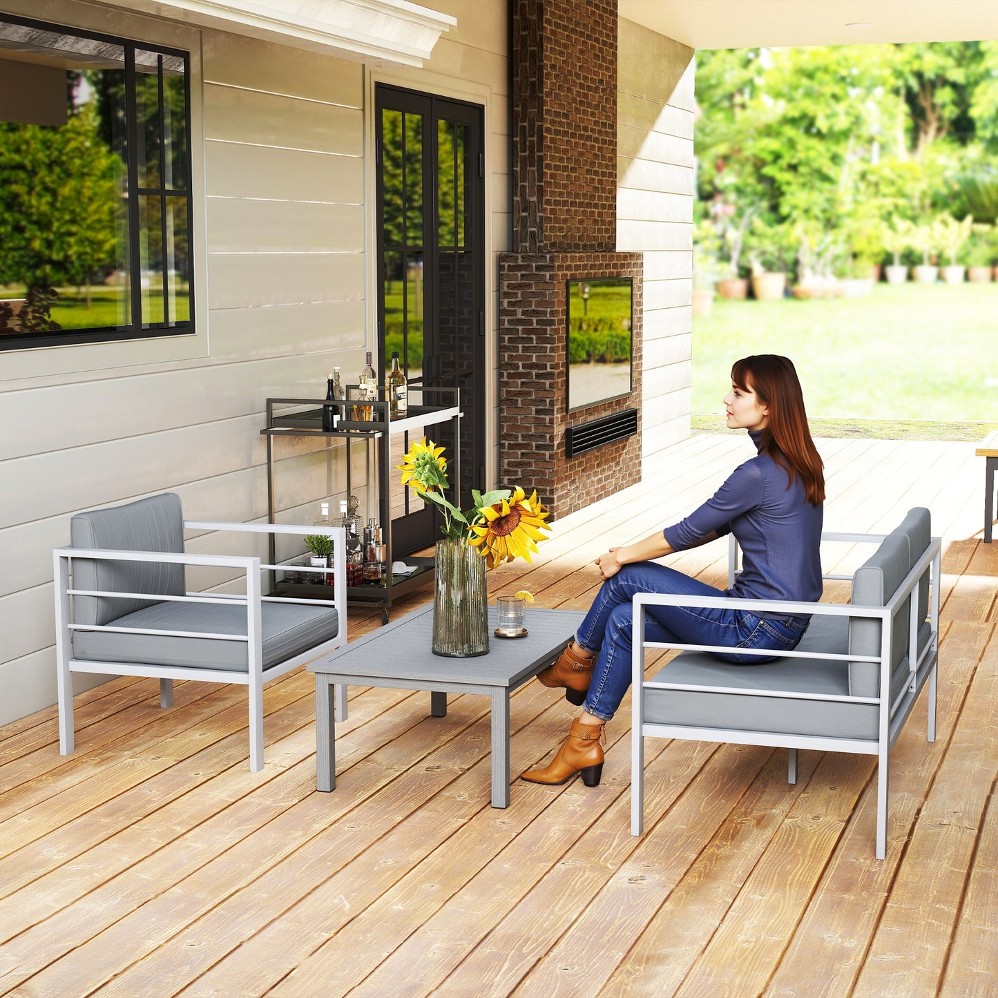 4-Piece Aluminium Garden Sofa Set | Thick Cushions | Loveseat, 2 Armchairs & Table | Charcoal Grey