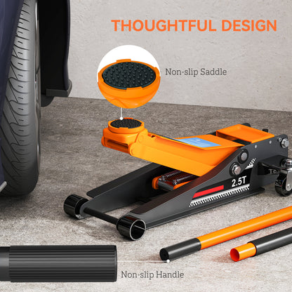 2.5 Ton Hydraulic Low-Profile Floor Jack, with 7.5-47cm Lifting Range, Wheels, Orange