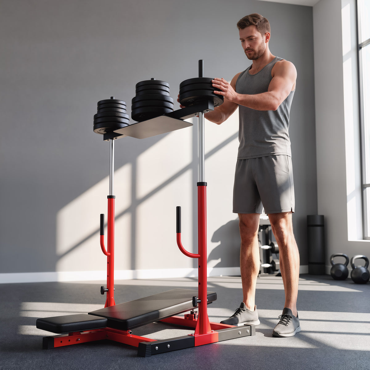 SPORTNOW Vertical Leg Press Machine | Red & Black Steel Home Gym Trainer | 1-Inch Weight Plate Posts | Adjustable Backrest & Head Pad | 130kg Plate Load