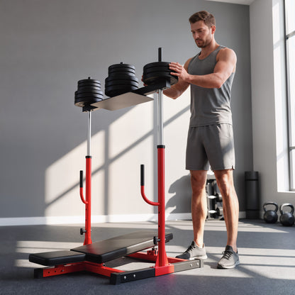 SPORTNOW Vertical Leg Press Machine | Red & Black Steel Home Gym Trainer | 1-Inch Weight Plate Posts | Adjustable Backrest & Head Pad | 130kg Plate Load