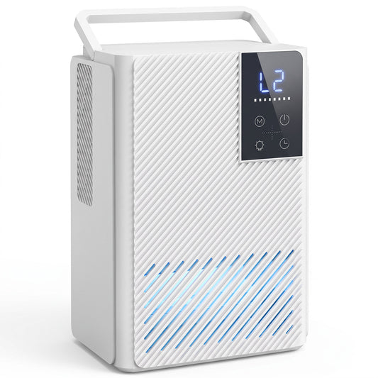 400ml/Day Small Dehumidifier | 2L Tank (120hrs) | 7-Colour RGB Mood Light | 43dB Sleep Mode | 2–24H Timer | LED Touch Panel | Auto Shut-Off & Defrost | 15m² | ABS | 20x14.2x28.6cm | White