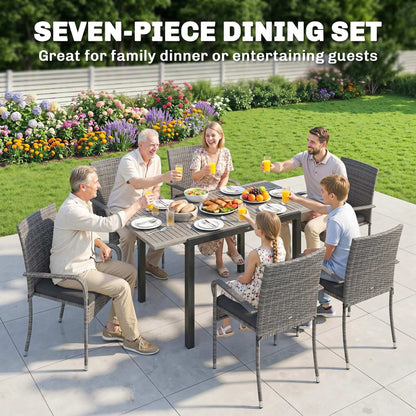 7-Piece Rattan Garden Furniture Set | 6 Seater | Extendable Acacia Wood Table 100-150cm | 6 Stackable High-Back Armchairs | Washable Cushion Covers | PE Rattan & Steel Frame | Light Grey
