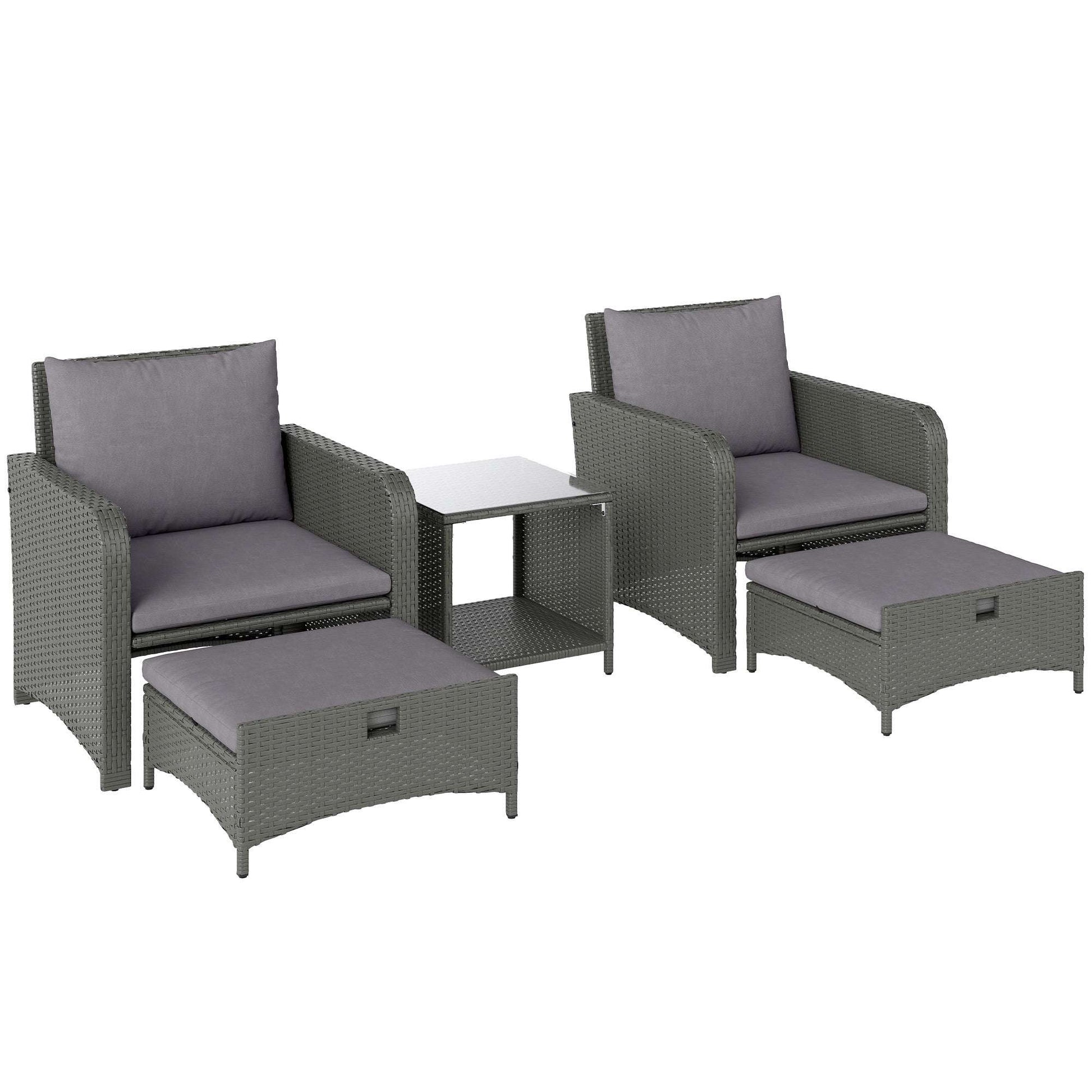 Outsunny Five Piece Rattan Garden Furniture Set with 2-Tier Coffee Table and Ottomans - Grey