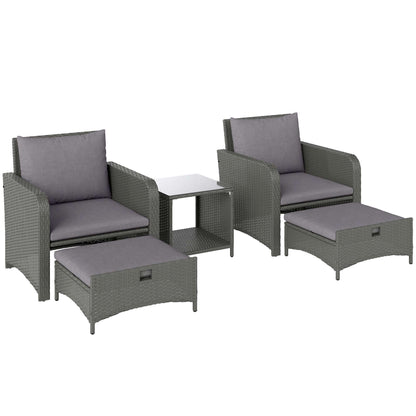 Outsunny Five Piece Rattan Garden Furniture Set with 2-Tier Coffee Table and Ottomans - Grey