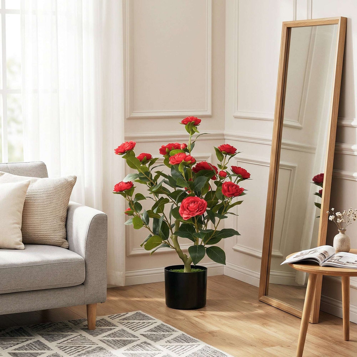 Artificial Camellia Flower Plant | 65cm | 116 PEVA Leaves | Red Silk Blossoms | Moss Effect | Cement Pot | Shapeable | No Maintenance