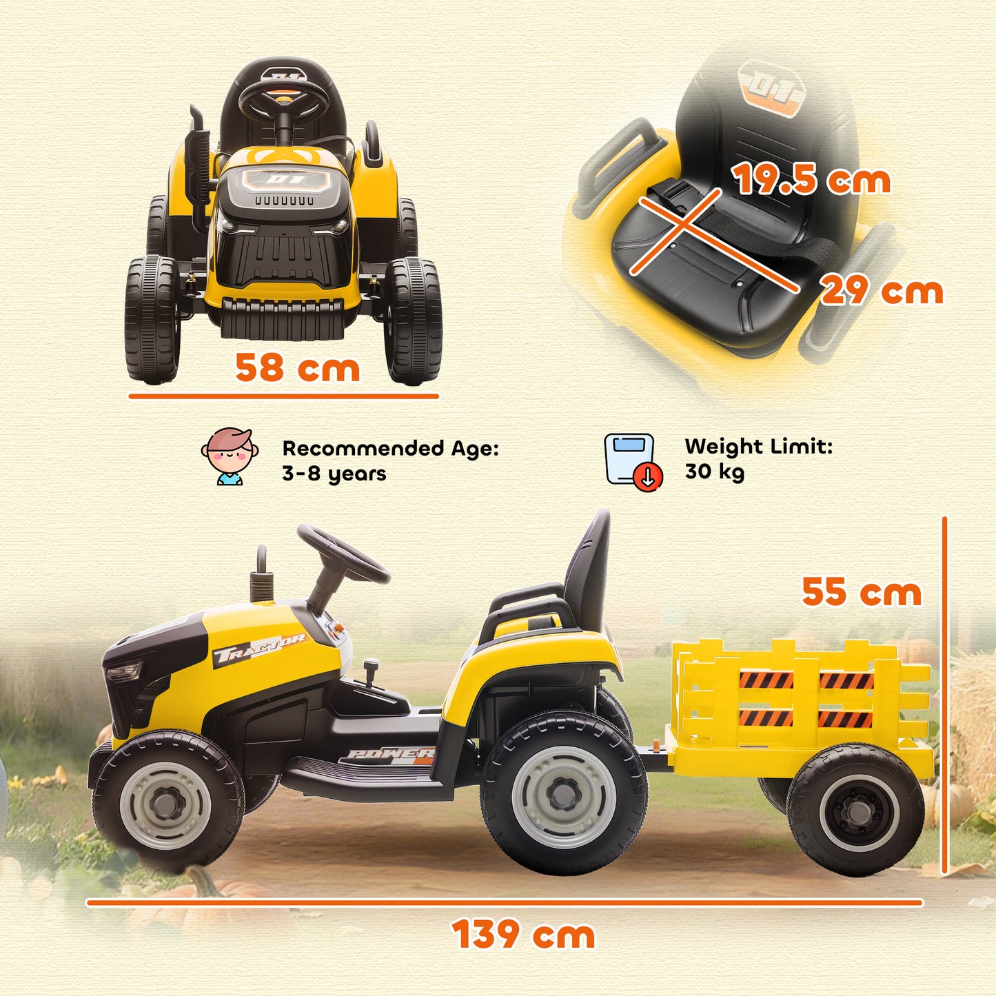 AIYAPLAY 12V Ride on Tractor and Trailer with Remote Control, Music, Shifter, Start-Up Sound, for Kids Ages 3-8 Years