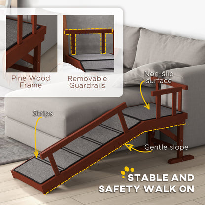 Wooden Dog & Cat Ramp | 3 Removable Guardrails | Non-Slip Carpet | 20° Gentle Slope | 125cm | 30kg | Brown