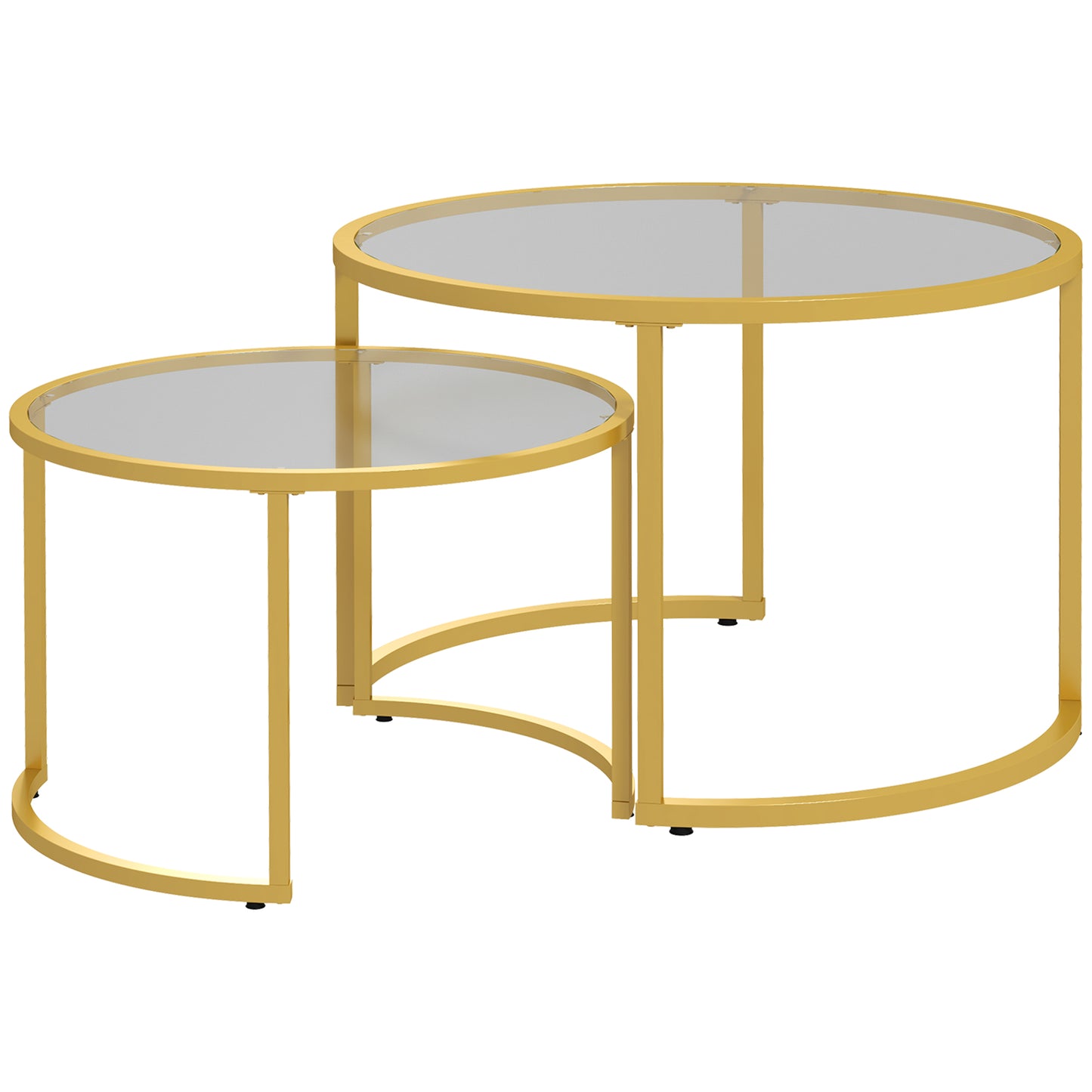 Coffee Table Set of 2, Modern Nest of Tables with Tempered Glass Top, Steel Frame for Living Room, Gold Tone