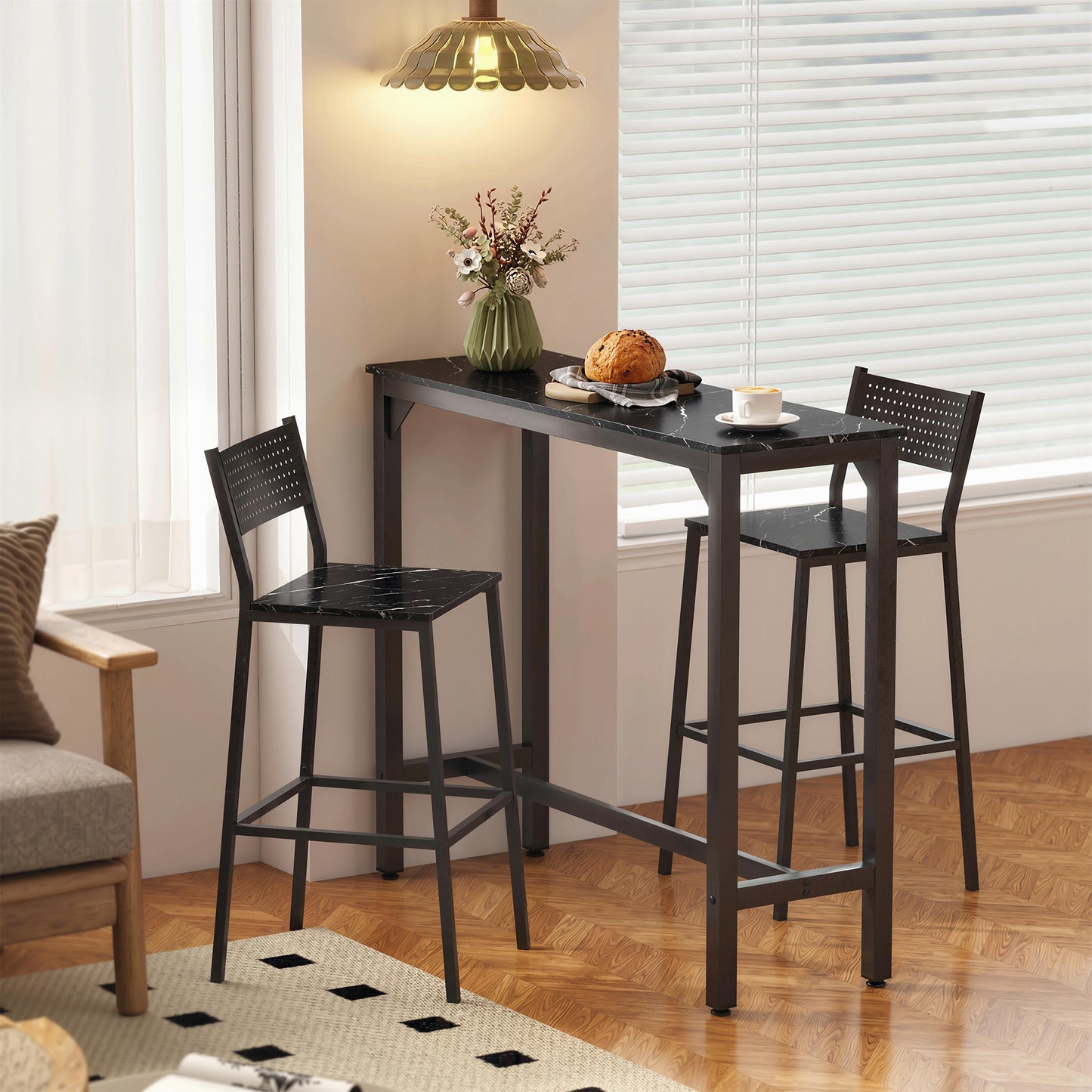 Rectangular Bar Table, Marble Effect Pub Coffee Table for Small Space, Breakfast Dining, Black Marble Effect