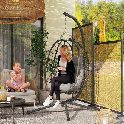 Rattan Hanging Egg Chair, Foldable Wicker Hammock Swing Chair with Cushion, Stand, Adjustable Height, Head Pillow, Steel Frame for Garden