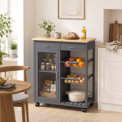 Rolling Kitchen Island Trolley | Bamboo Worktop | Glass Door Cabinet | 2 Wire Baskets | 2 Drawers | Adjustable Shelf | 4 Wheels | 67x35x80cm | Grey