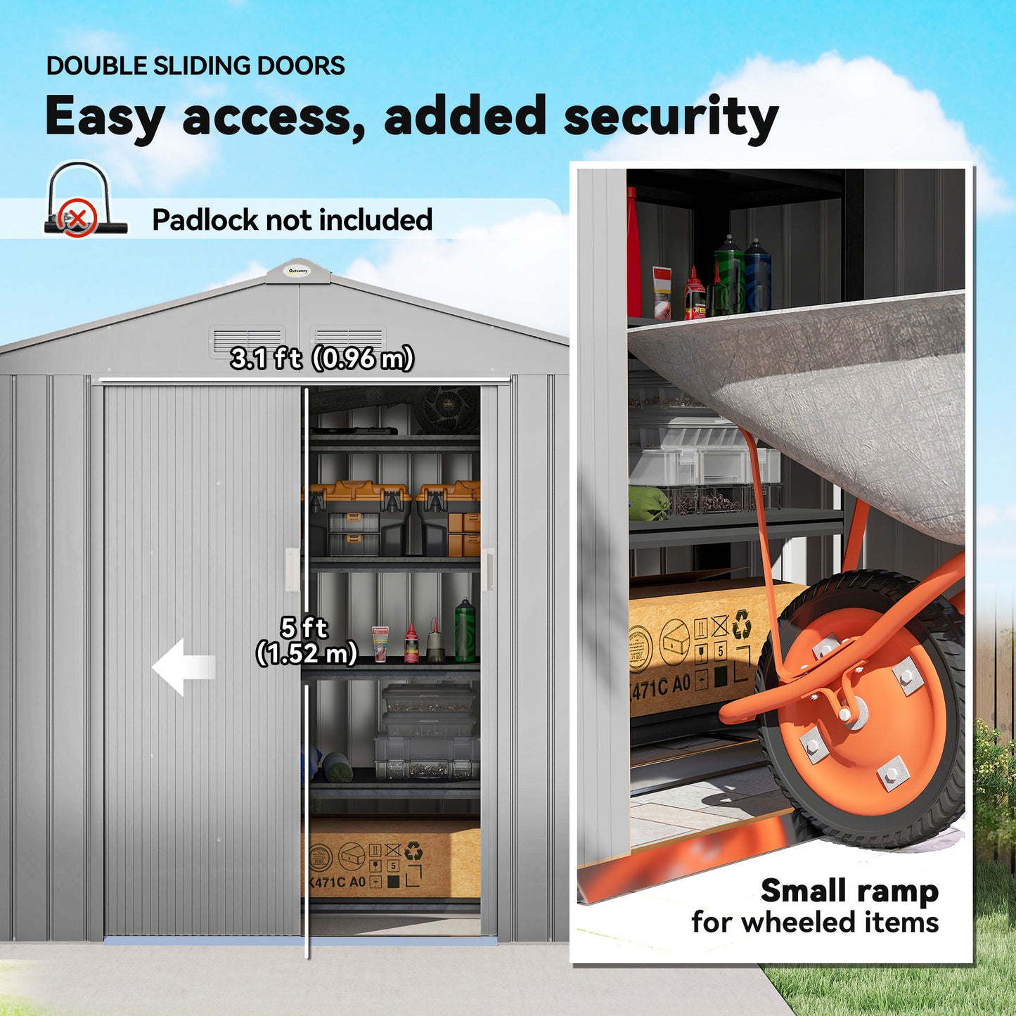 Galvanised Steel Garden Tool Storage Shed | Double Sliding Lockable Door | 4 Vents | Sloped Roof | Foundation Kit Included | 213x130x185cm | Light Grey