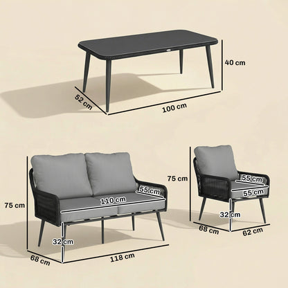 4 Piece Rattan Garden Furniture Set | Loveseat | 2 Chairs | Coffee Table | Tempered Glass | All-Weather PE Rattan | Galvanised Steel | Water-Repellent Cushions | 240kg | Black