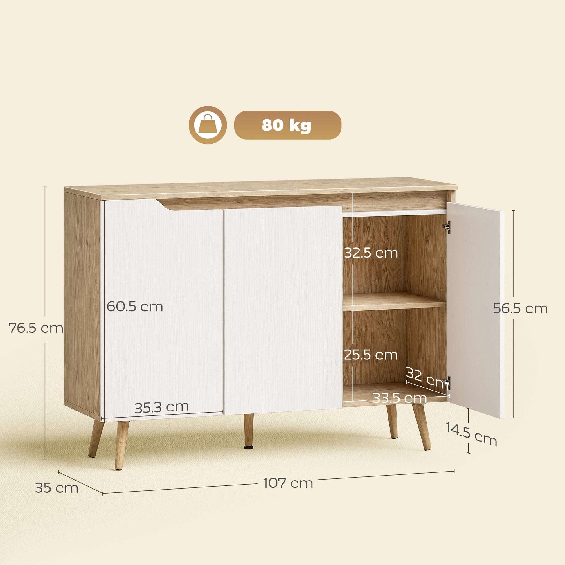 Sideboard Storage Cabinet | 3 Doors | 2 Adjustable Shelves | 5 Rubberwood Legs | Anti-Tip | 80kg | 107x35x76.5cm | White & Oak