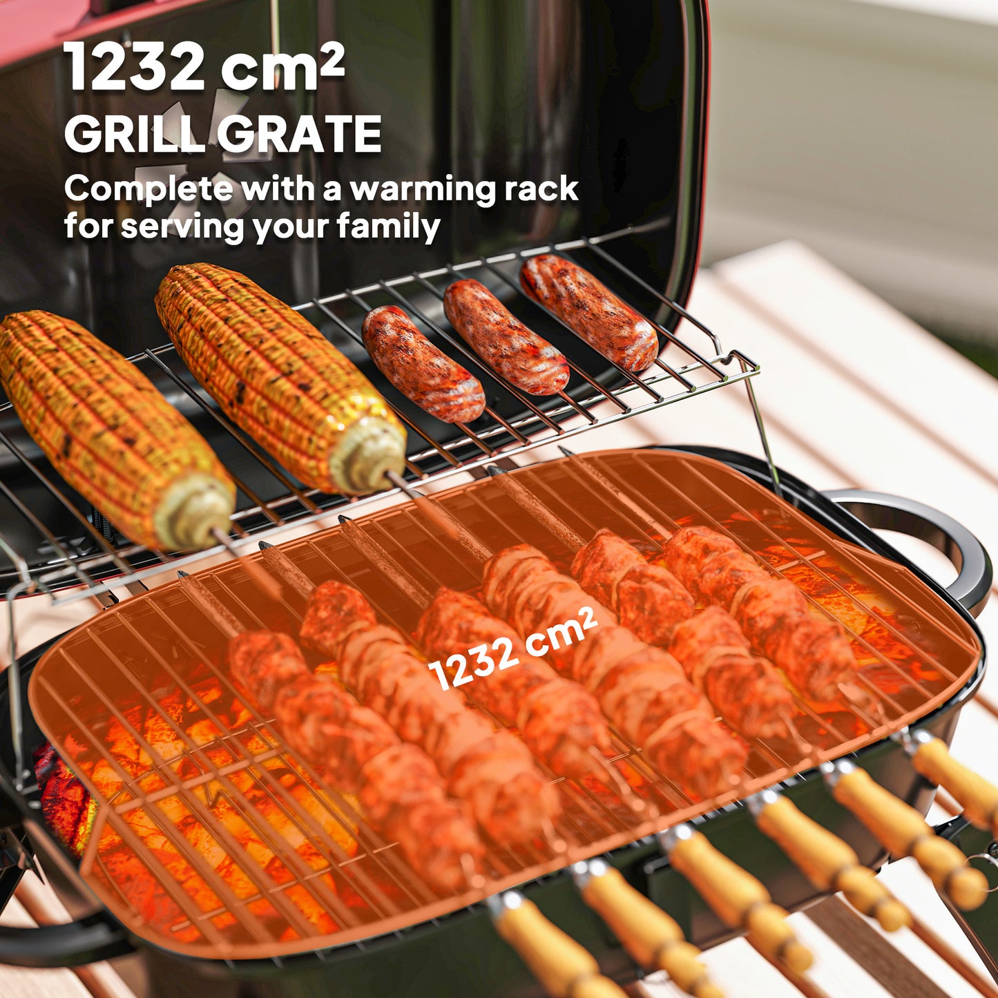 Charcoal Camping Picnic Barbecue Grill Folding BBQ Grill with 1232 cm² Cooking Area, Adjustable Vent, Thermometer, Handles, Red
