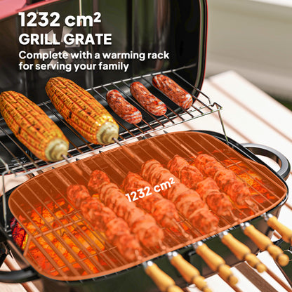 Charcoal Camping Picnic Barbecue Grill Folding BBQ Grill with 1232 cm² Cooking Area, Adjustable Vent, Thermometer, Handles, Red