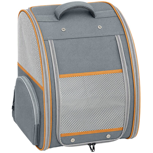Foldable Pet Backpack Carrier | Breathable Mesh Windows | Removable Rigid Base | 600D Waterproof Oxford | Side Storage | 37.5x34x42cm | Folds to 43x39x9cm | 5kg | Cats Dogs Rabbits | Grey
