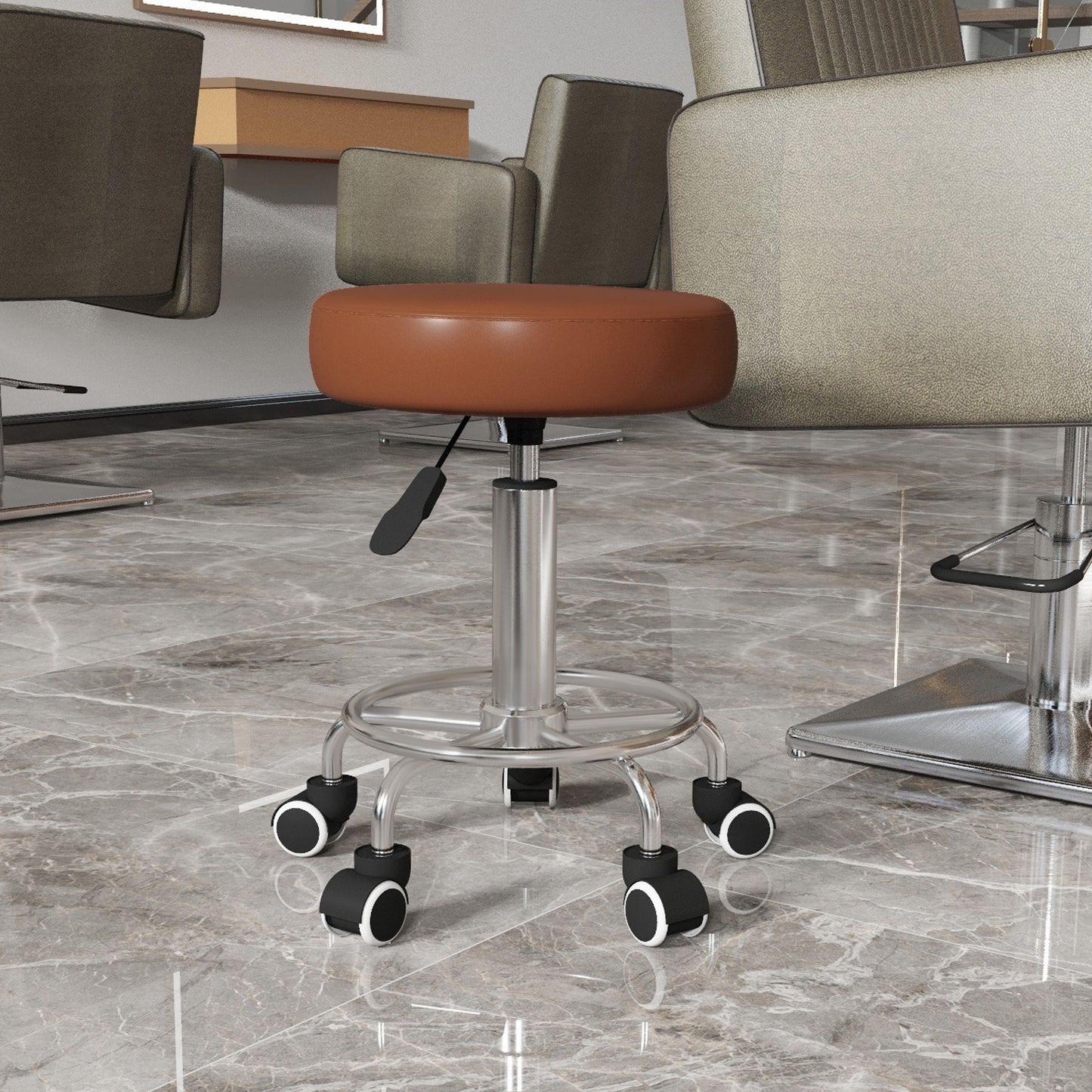 PU Leather Rolling Salon Stool | Height Adjustable 50-64cm | Dia 42cm | Thick Foam Seat | Footrest | 5 Wheels | Backless | 110kg | Brown