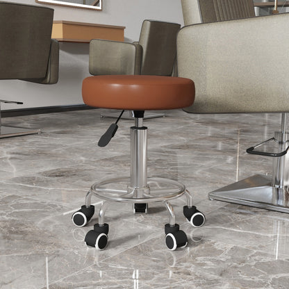 PU Leather Rolling Salon Stool | Height Adjustable 50-64cm | Dia 42cm | Thick Foam Seat | Footrest | 5 Wheels | Backless | 110kg | Brown
