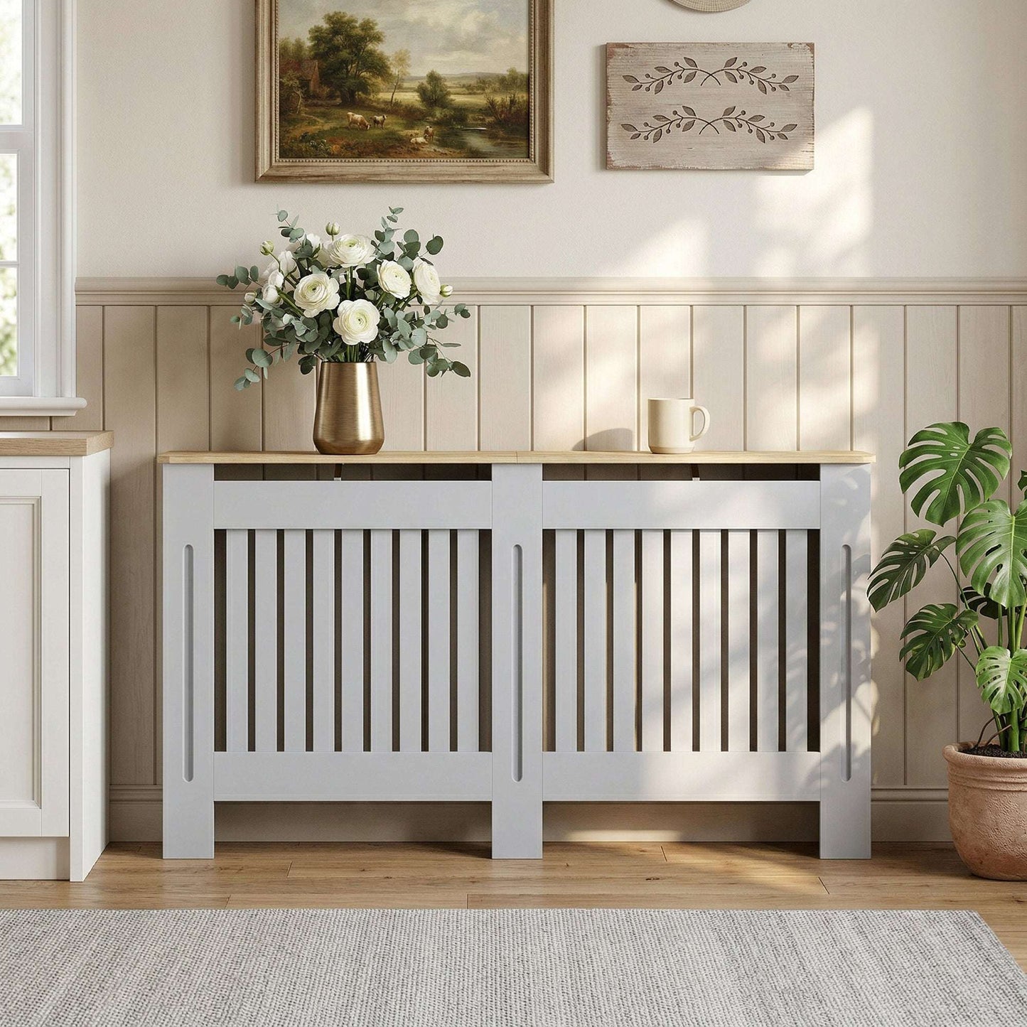 MDF Radiator Cover | Slatted Line Grill Design | Display Top | Wall Mountable | Fittings Included | 10kg | 152x19x81cm | Grey