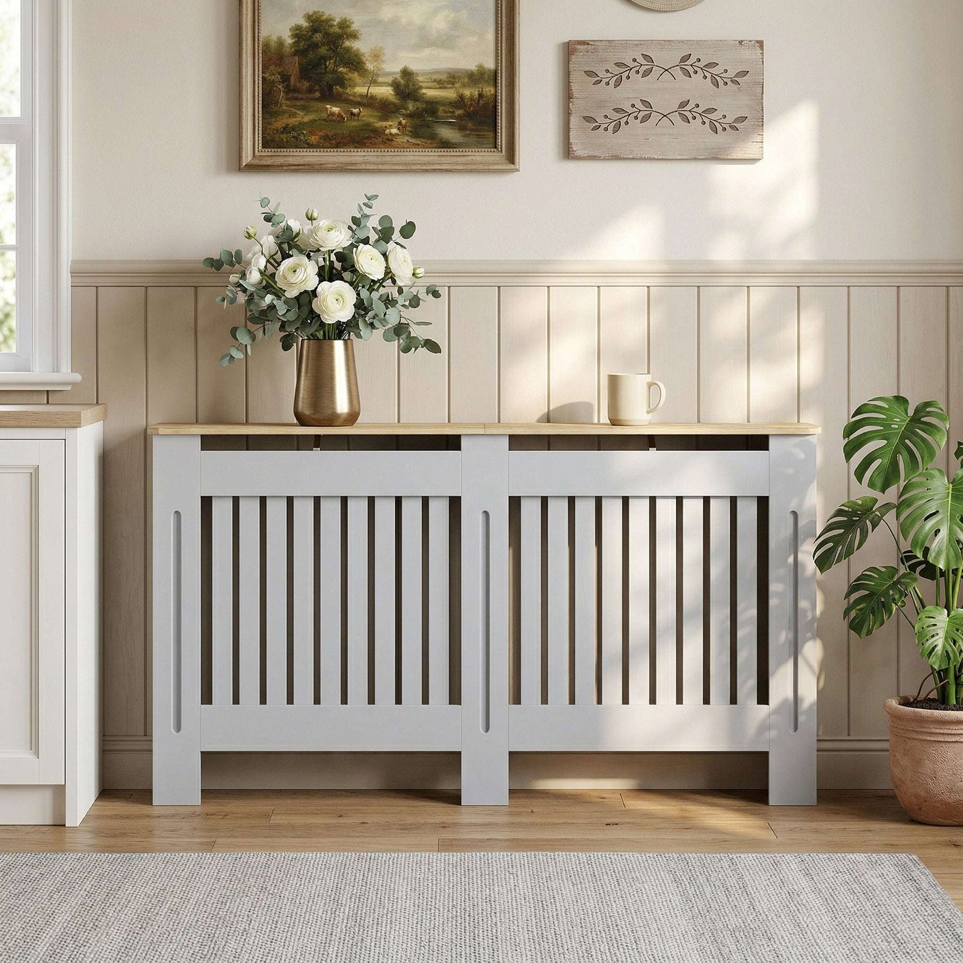 MDF Radiator Cover | Slatted Line Grill Design | Display Top | Wall Mountable | Fittings Included | 10kg | 152x19x81cm | Grey