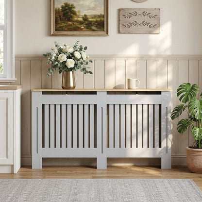 MDF Radiator Cover | Slatted Line Grill Design | Display Top | Wall Mountable | Fittings Included | 10kg | 152x19x81cm | Grey