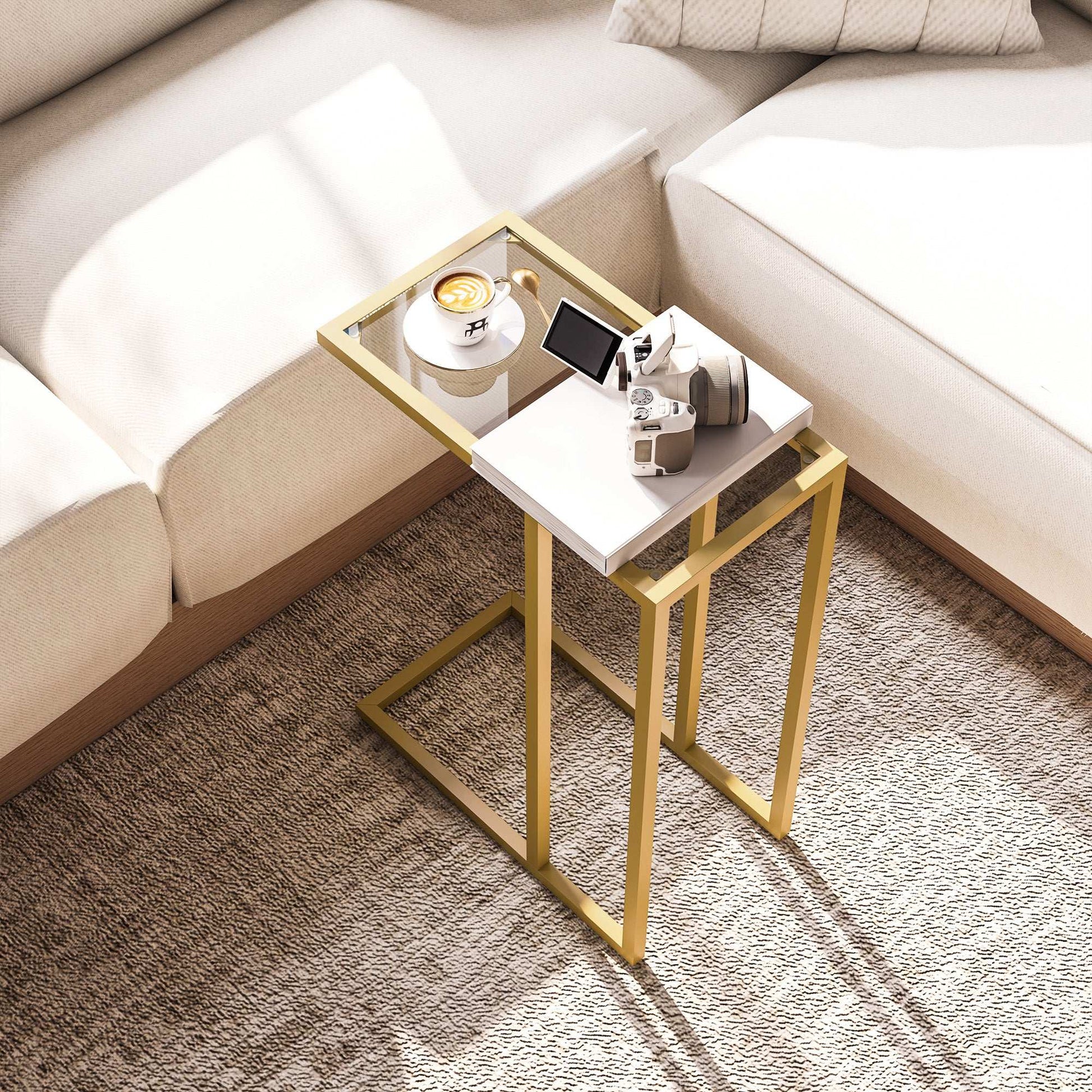 C-Shaped Bedside Table, Modern Side Table with Tempered Glass Tabletop, Steel Frame for Small Space, Living Room, Bedroom, Gold Tone