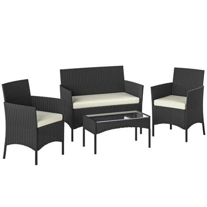 4 Piece Rattan Garden Sofa Set | Loveseat | 2 Armchairs | Tempered Glass Coffee Table | UV-Resistant PE Rattan | Powder-Coated Steel | Zipped Washable Cushions | Foot Pads | Cream