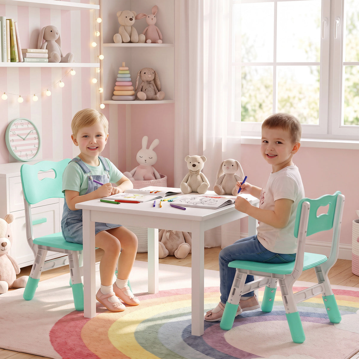 AIYAPLAY Kids Desk Chairs Set of 2 | Green & White | 3-Level Adjustable Seat Height 26–30cm | Backrests & PP Construction | Ages 18 Months–8 Years