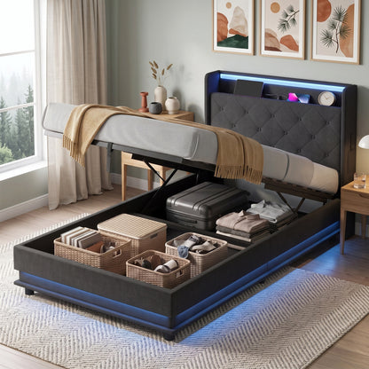 3ft Single Ottoman Bed Frame | Hydraulic Storage, RGB LED Headboard Lights & USB Charging | Black or Cream White