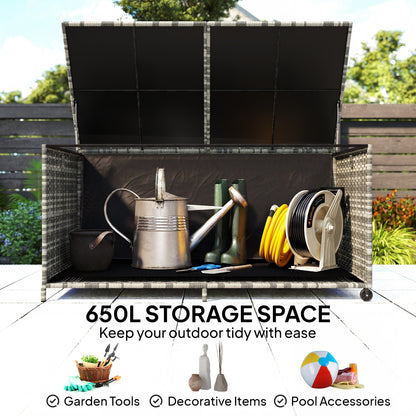650L Garden Storage Box | Rattan | Waterproof Zipped Liner | Gas-Assisted Lid | 2 Wheels | UV Resistant | 150x75x74cm | 100kg | Mixed Grey