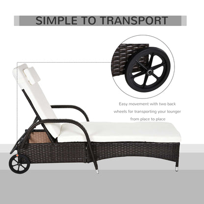 Outsunny 2 Pieces Rattan Sun Lounger Recliner Bed Reclining Chair Patio Garden Outdoor Wicker Weave Adjustable Headrest with Fire Retardant Cushion – Brown