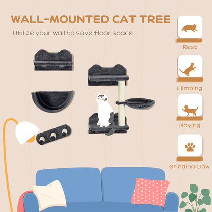 PawHut 4 Piece Wall-Mounted Cat Shelves w/ Scratching Post, Hammock, Nest - Dark Grey