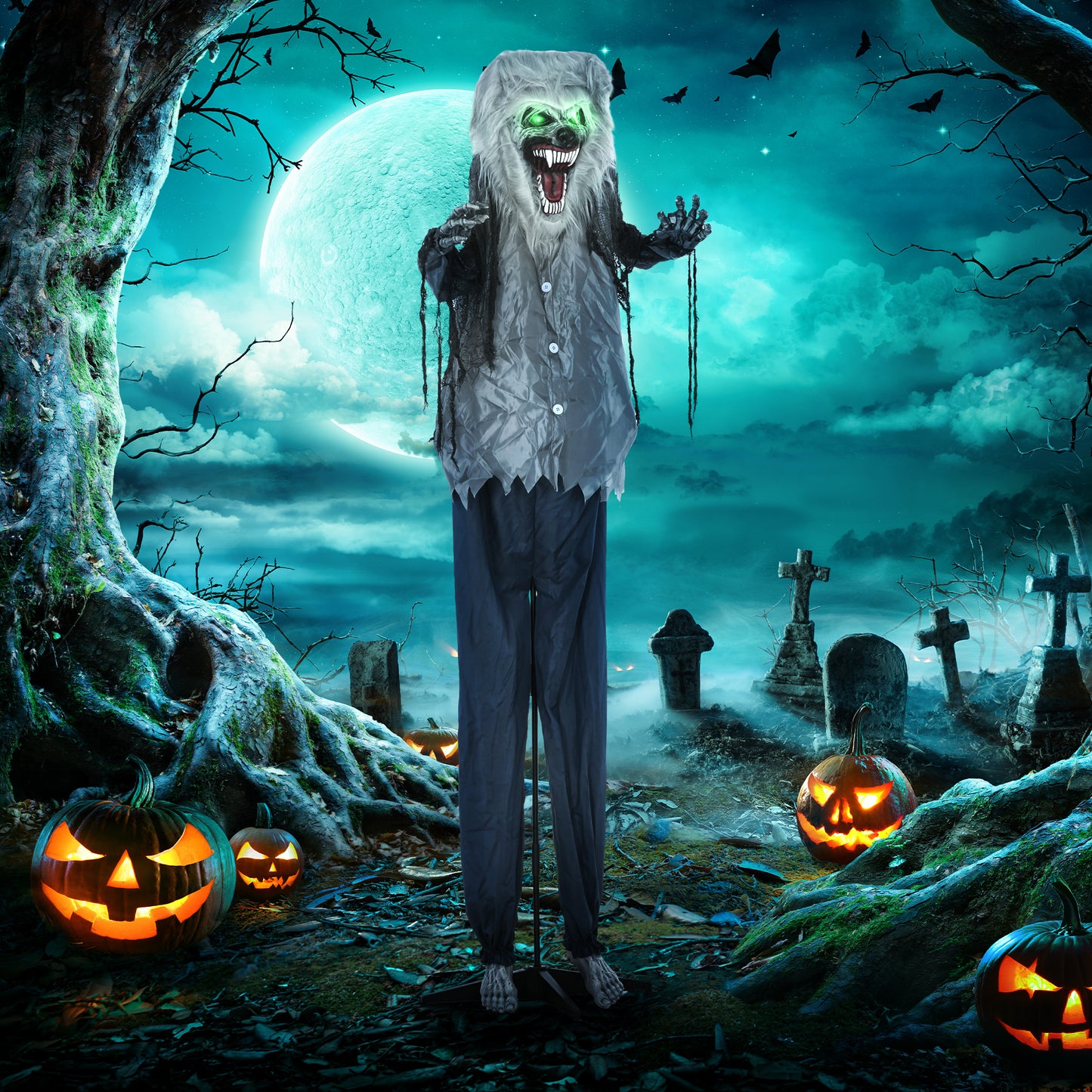 210cm 83" Skeleton Werewolf Outdoor Halloween Decoration, Halloween Animatronic with Sound Activated, Light Up Eyes, Sound Effects, Animated Prop for Haunted House