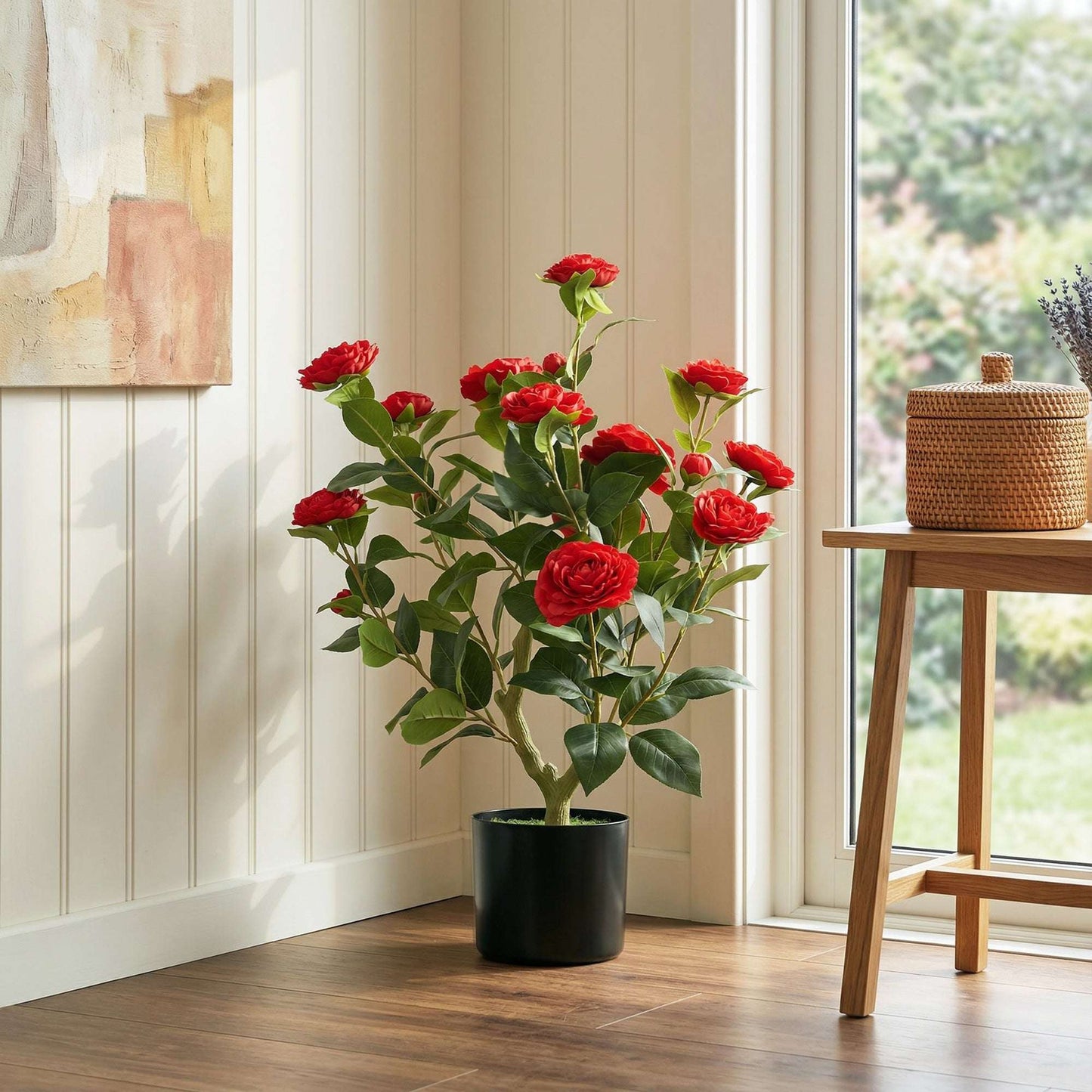 Artificial Camellia Flower Plant | 65cm | 116 PEVA Leaves | Red Silk Blossoms | Moss Effect | Cement Pot | Shapeable | No Maintenance