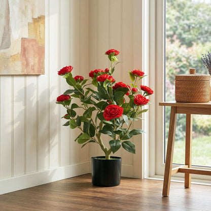 Artificial Camellia Flower Plant | 65cm | 116 PEVA Leaves | Red Silk Blossoms | Moss Effect | Cement Pot | Shapeable | No Maintenance