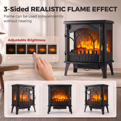 3-Sided Glass Electric Stove Fire | 1000W/2000W Fan Heater, Adjustable Flame Brightness & Thermostat | Freestanding Black | 55 × 31 × 58cm | C Rated