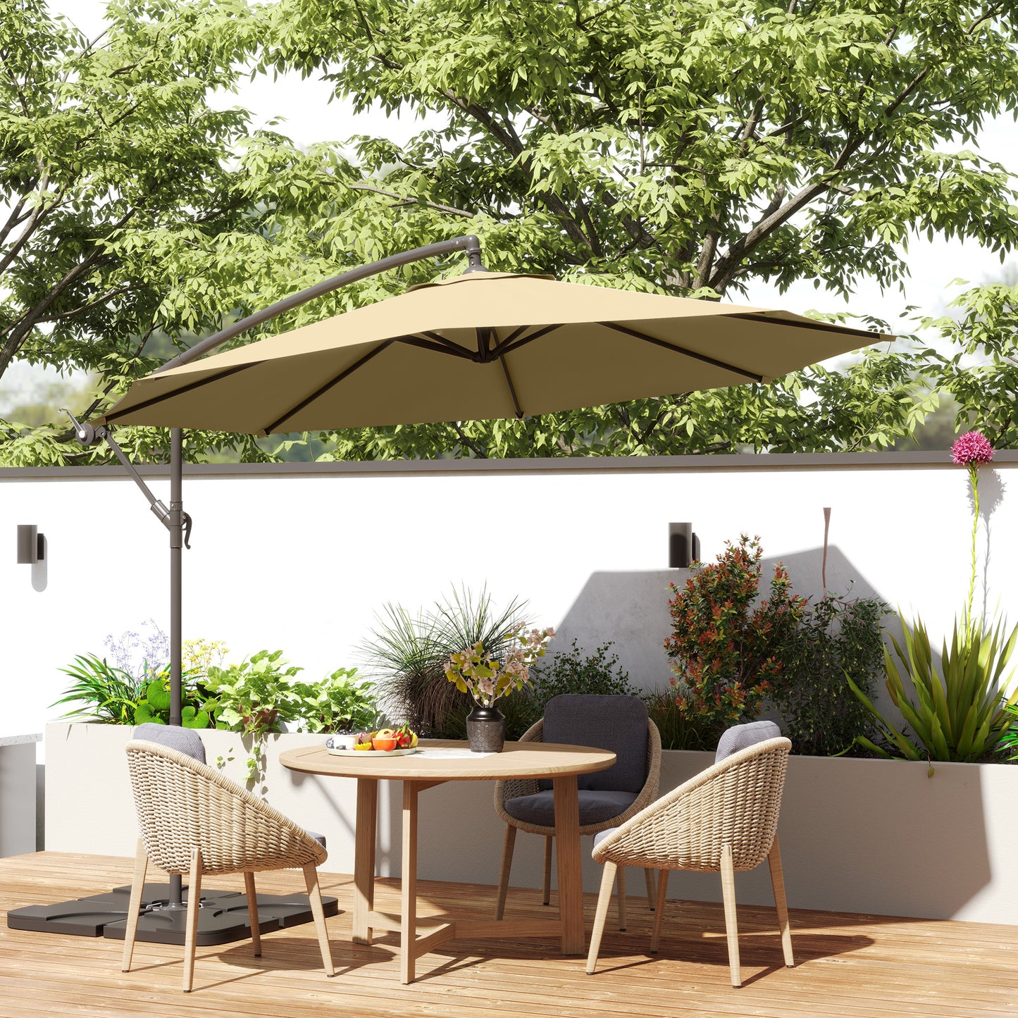 Outsunny 3(m) Garden Banana Parasol Cantilever Umbrella with Crank Handle, Cross Base, Weights and Cover for Outdoor, Hanging Sun Shade